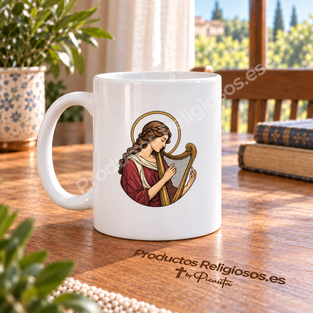 Tasse mit der heiligen Cäcilia, Motiv 1 in Farbe und Gebetsauszug auf Latein. Ansichten der Illustration und Rückseite in einer Produktszene.
