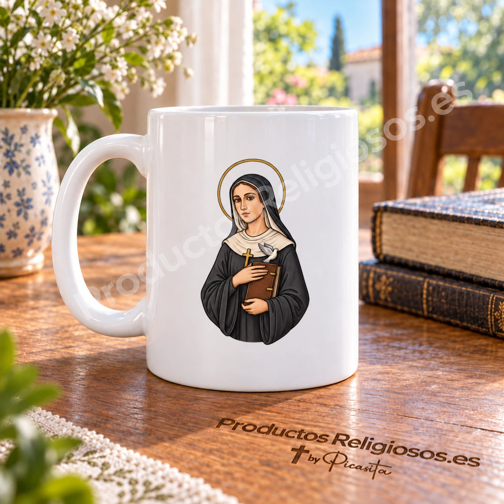 Saint Scholastica mug, design 1 in colour with a prayer excerpt in Latin. Views of the illustration and reverse in a product scene.