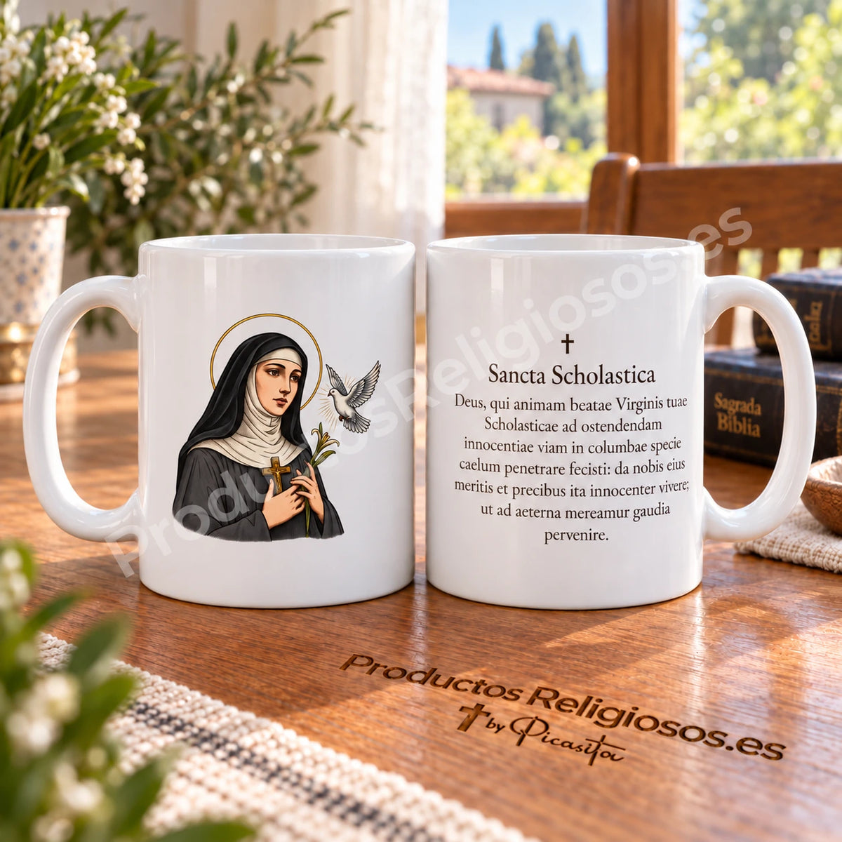Saint Scholastica mug, design 2 in colour with a prayer excerpt in Latin. Views of the illustration and reverse in a product scene.