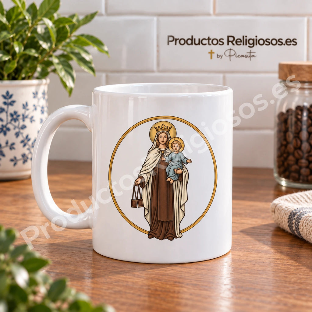 Tazza della preghiera · Madonna del Carmine, disegno 2 a colori. Illustrazione in una scena di prodotto.