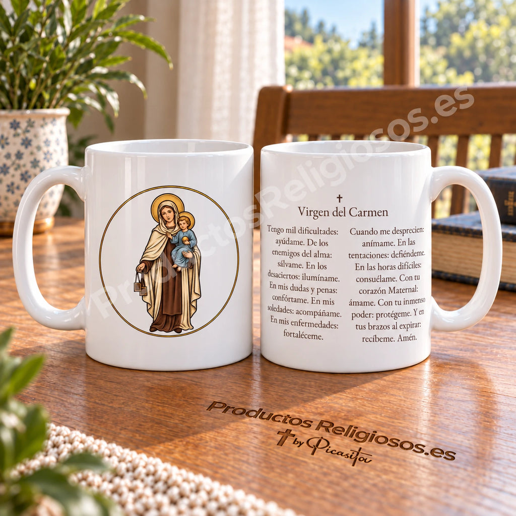 Tazza della preghiera · Madonna del Carmine, disegno 1 a colori. Preghiera completa in spagnolo.