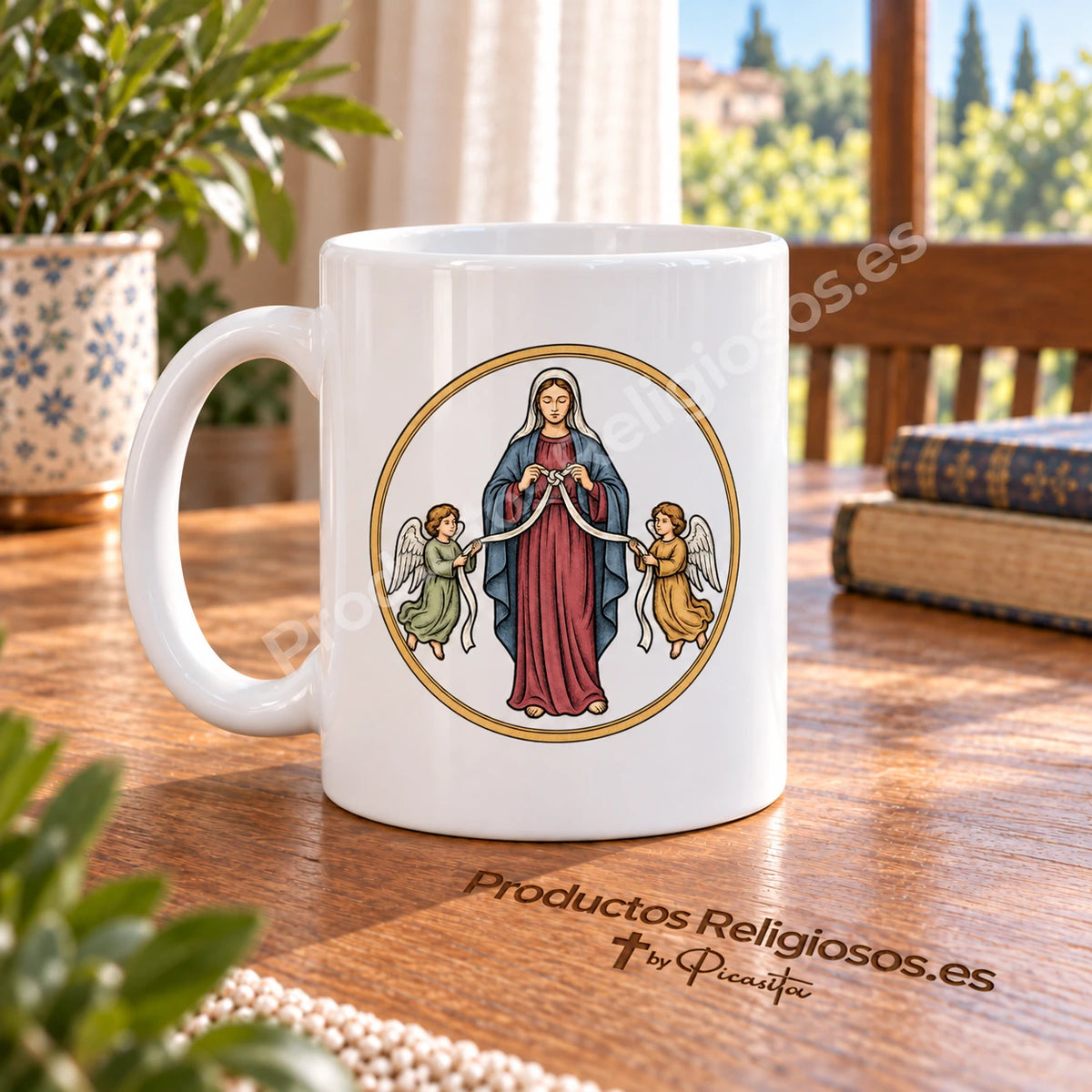 Tazza della preghiera · Maria che scioglie i nodi, disegno 1 a colori. Illustrazione in una scena di prodotto.