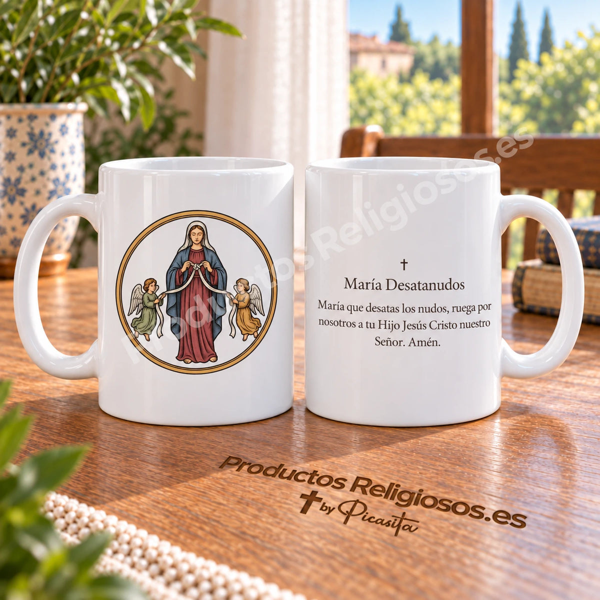 Tazza della preghiera · Maria che scioglie i nodi, disegno 1 a colori. Preghiera completa in spagnolo.