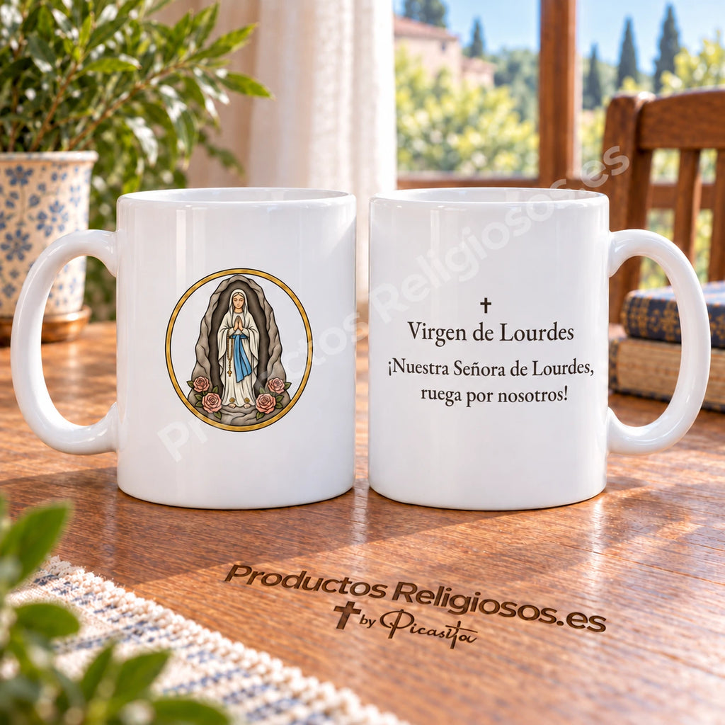 Gebets-Tasse · Unserer Lieben Frau von Lourdes, Motiv 1 in Farbe. Kurze Anrufung auf Spanisch.