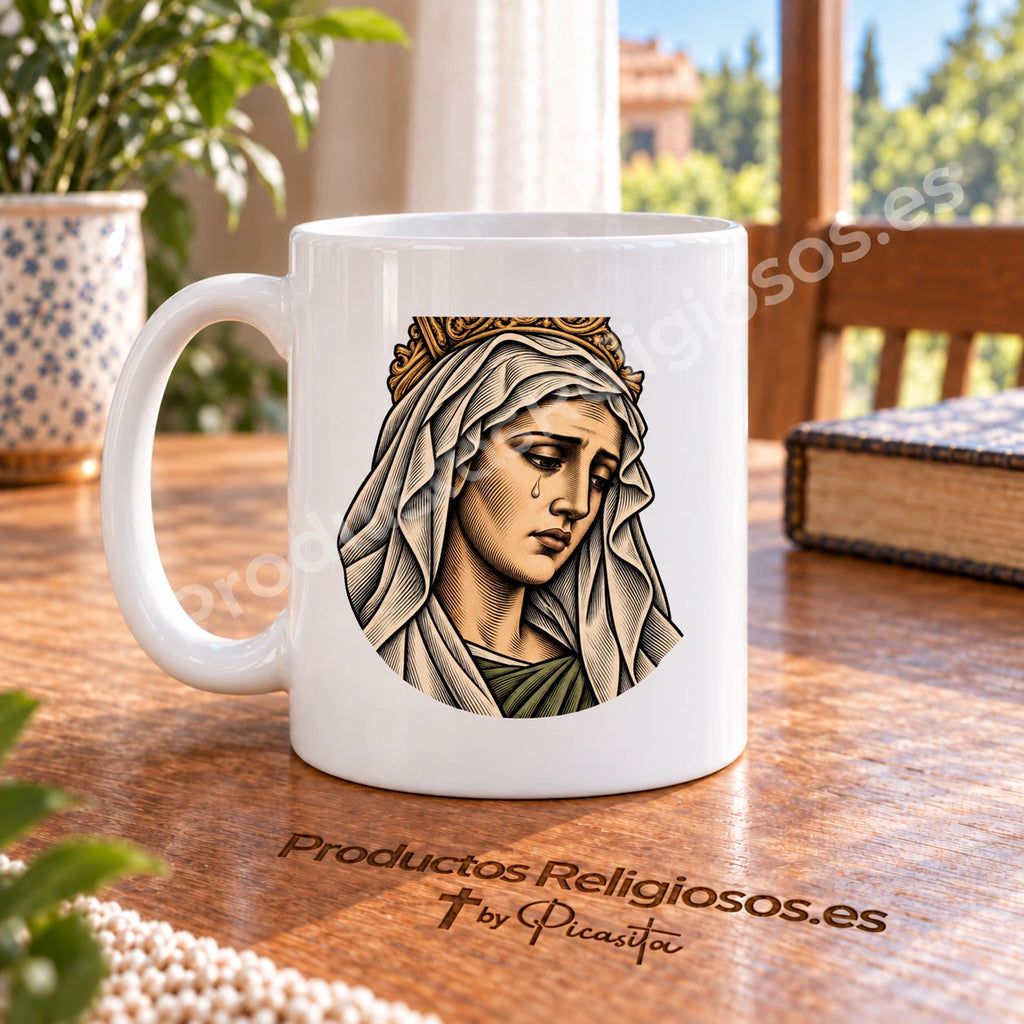 Tasse Unserer Lieben Frau der Hoffnung Macarena, Motiv 1 in Farbe. Illustration in einer Produktszene.