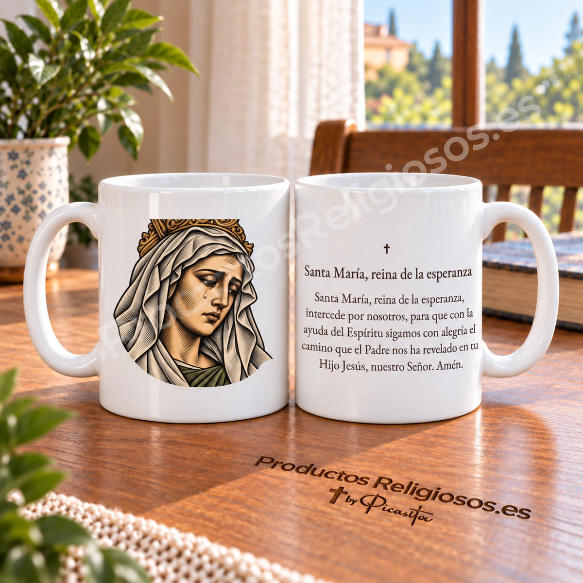 Tasse Unserer Lieben Frau der Hoffnung Macarena, Motiv 1 in Farbe. Vollständiges Gebet auf Spanisch.