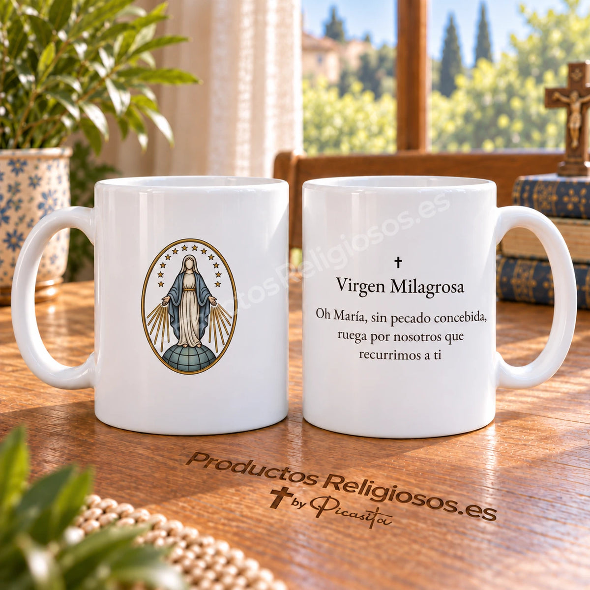 Tazza della preghiera · Madonna della Medaglia Miracolosa, disegno 1 a colori. Giaculatoria completa della Medaglia Miracolosa in spagnolo, secondo il santuario di Rue du Bac.