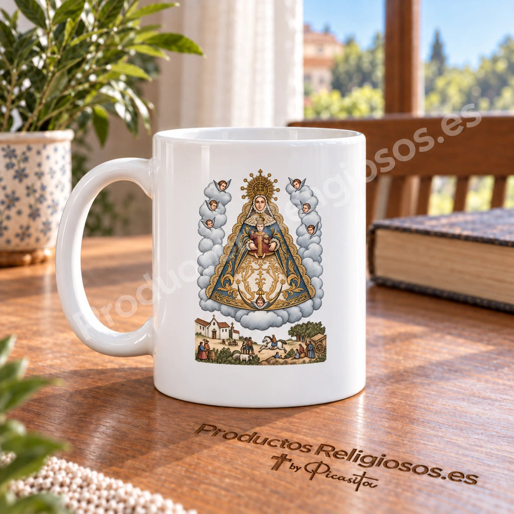 Tassa de la pregària · Virgen del Rocío, disseny 3 a color. Il·lustració en una escena de producte.